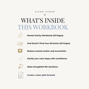 May include: A digital workbook information sheet from Elvori Studio titled WHAT'S INSIDE THIS WORKBOOK. It lists six sections: Mental Clarity Workbook (19 Pages), Feel Stuck? Find Your Direction (23 Pages), Reduce mental clutter and overwhelm, Clarify your next steps with confidence, Make thoughtful life decisions, and Create a clear path forward, accompanied by line art icons.
