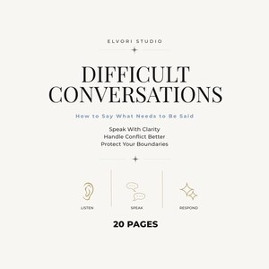 May include: A 20-page document titled DIFFICULT CONVERSATIONS: How to Say What Needs to Be Said by ELVORI STUDIO. It lists Speak With Clarity, Handle Conflict Better, Protect Your Boundaries, and includes icons for LISTEN, SPEAK, and RESPOND.