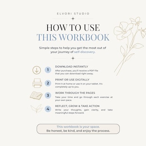 May include: An instructional graphic titled HOW TO USE THIS WORKBOOK by ELVORI STUDIO. It outlines four steps: download instantly, print or use digitally, work through the pages, and reflect, grow and take action, with a floral line art illustration.