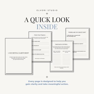 May include: A set of four white paper pages with black text titled 7-DAY MENTAL CLARITY RESET, Notice Your Progress, TAKE BACK CONTROL, and WHERE ARE YOU RIGHT NOW? The pages feature lined sections for writing and prompts for self-reflection.