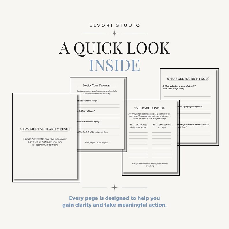 May include: A set of four white paper pages with black text titled 7-DAY MENTAL CLARITY RESET, Notice Your Progress, TAKE BACK CONTROL, and WHERE ARE YOU RIGHT NOW? The pages feature lined sections for writing and prompts for self-reflection.