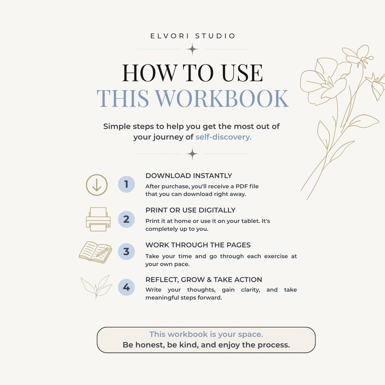 May include: An instructional graphic titled HOW TO USE THIS WORKBOOK by ELVORI STUDIO. It outlines four steps: download instantly, print or use digitally, work through the pages, and reflect, grow and take action, with a floral line art illustration.