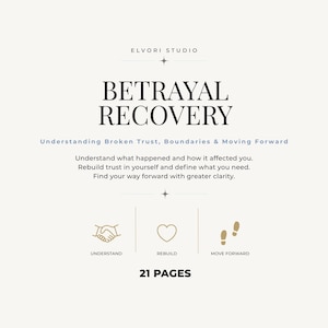 May include: A 21-page document titled Betrayal Recovery by Elvori Studio. The text reads: Understanding Broken Trust, Boundaries & Moving Forward. It includes sections for Understand, Rebuild, and Move Forward with icons of a handshake, heart, and footprints.