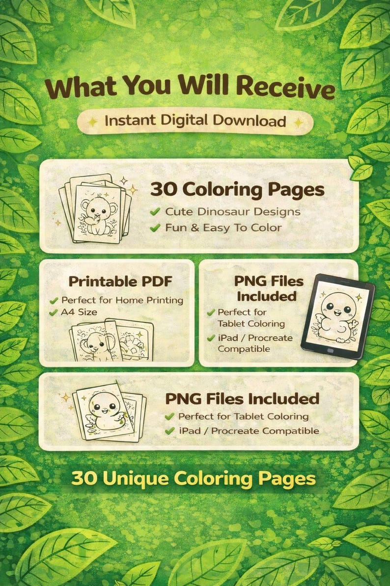 Kawaii Dinosaur Coloring Pages for Kids | 30 Printable Pages (PDF PNG ...