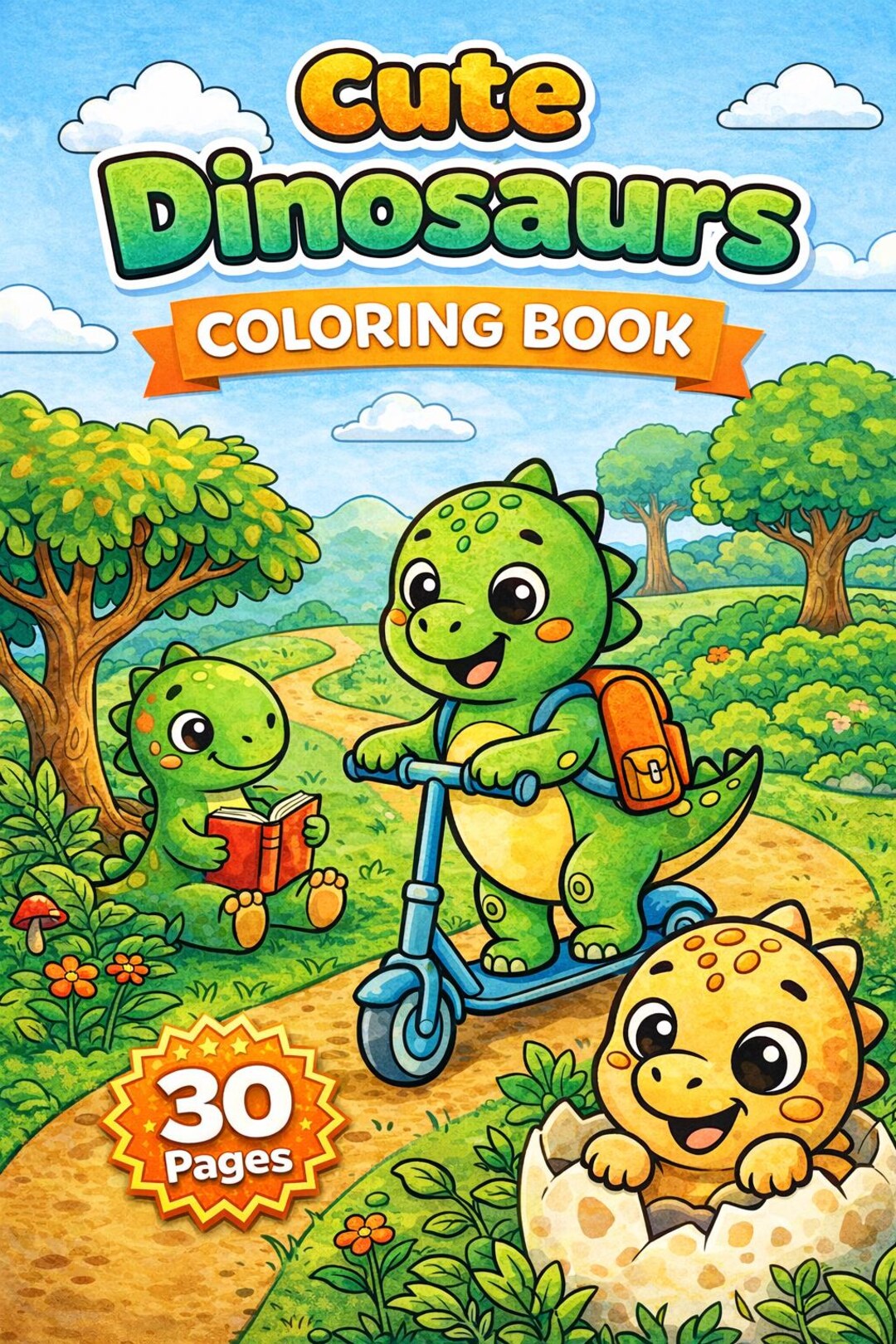 Kawaii Dinosaur Coloring Pages for Kids | 30 Printable Pages (PDF PNG ...