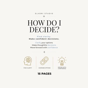 May include: A 15-page document titled ELVORI STUDIO HOW DO I DECIDE? with the text Find clarity. Make confident decisions. Clarify your options, Make thoughtful decisions, Move forward with confidence. Includes icons for clarity, options, and confidence.