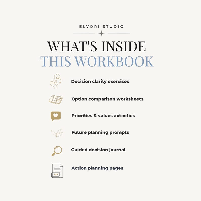 May include: A digital information graphic titled ELVORI STUDIO WHAT'S INSIDE THIS WORKBOOK. It lists six sections: Decision clarity exercises, Option comparison worksheets, Priorities & values activities, Future planning prompts, Guided decision journal, and Action planning pages, each accompanied by a small icon.