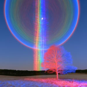 May include: A lone tree stands in a field under a dark blue sky featuring a large, circular, multi-colored light effect. A vertical beam of rainbow-colored light extends from the ground through the center of the circle, illuminating the tree.