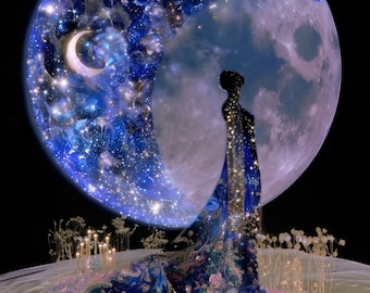 Moon Goddess in a Starlit Gown — Celestial Fantasy Wall Art Print | Digital Download
