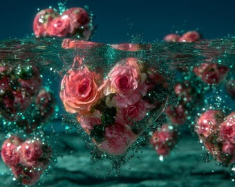 Glass Heart Fantasy Art, Surreal Water Love Decor, Crystal Hearts Scene Print