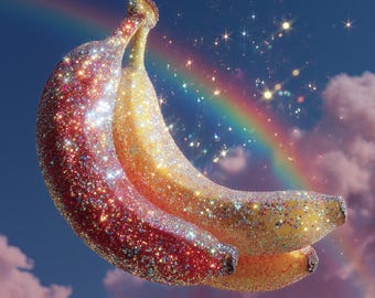 Glitter Banana Rainbow Wall Art, Surreal Fruit Print, Whimsical Kitchen Decor (Digital Download)