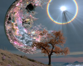 Shattered Crystal Moon & Rainbow Halo Sun — Surreal Celestial Wall Art Print | Digital Download
