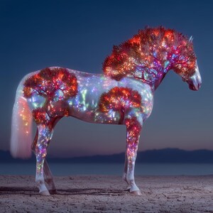 Red Fantasy Horse Art, Crimson Tree Equine Decor, Bold Surreal Horse Print