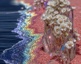 Rainbow Glitter Tide & Crystal Daisy Cliffs — Surreal Fantasy Wall Art Print | Digital Download