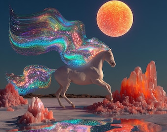 Rainbow Horse And Sun, Surreal Digital Art Print, Horses Wall Art, Instant Download