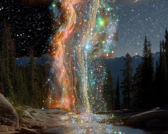Celestial Starfall Waterfall & Crescent Moon — Surreal Fantasy Wall Art Print | Digital Download