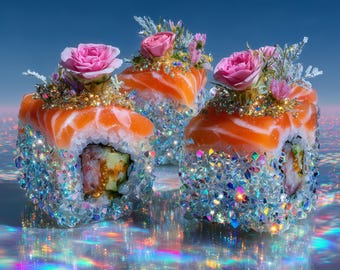 Glitter Sushi Wall Art, Sparkling Seafood Fantasy Print, Quirky Kitchen Decor