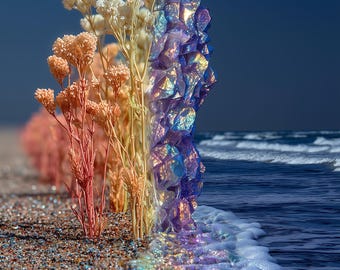 Crystal Bloom Shoreline — Surreal Iridescent Fantasy Wall Art Print | Digital Download