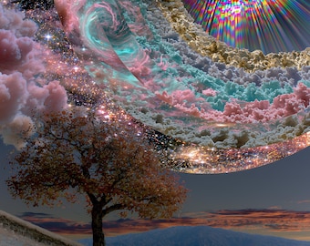 Cosmic Portal & Autumn Tree — Surreal Fantasy Wall Art Print | Digital Download