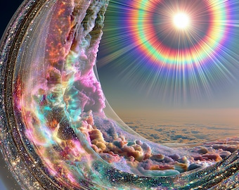 Crystal Crescent Moon & Rainbow Sun — Surreal Celestial Wall Art Print | Digital Download