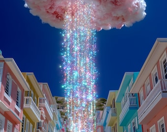 Glitter Rain Over Pastel Village — Surreal Wall Art Print | Digital Download