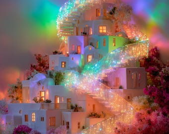 Santorini Fairy Light Staircase — Rainbow Glitter Village Wall Art Print | Digital Download