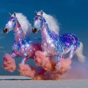 May include: Two horses with shimmering blue and purple bodies, white manes and tails. Pink smoke puffs from their hooves as they gallop across a white surface against a blue sky.