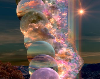 Cascading Moons & Glitter Sky — Surreal Celestial Wall Art Print | Digital Download