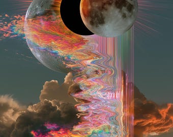 Solar Eclipse Blood Moon & Rainbow Stream — Surreal Fantasy Wall Art Print | Digital Download
