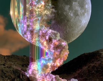 Rainbow Moon & Glitter Cloud Cascade — Surreal Fantasy Wall Art Print | Digital Download