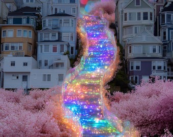 Rainbow Glitter Staircase & Cherry Blossoms — Surreal Fantasy Wall Art Print | Digital Download