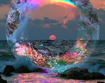 Rainbow Ocean Portal Sunset — Surreal Wall Art Print | Digital Download