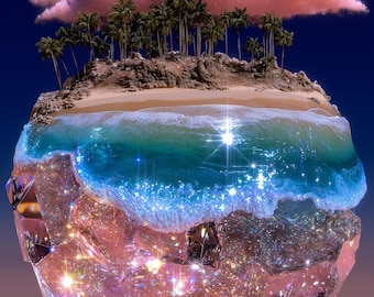 Crystal Island Globe — Sparkling Ocean & Gem Wall Art Print | Digital Download