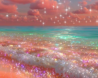 Glitter Ocean Wave Print, Pink Beach Fantasy Seascape, Dreamy Coastal Poster (Digital Download)
