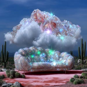 May include: A surreal image featuring a sparkling, crystal-covered sofa with a cloud and a large crystal formation above it. The scene is set in a desert landscape with cacti and pink, fluffy ground cover. The sky is a gradient of blue.