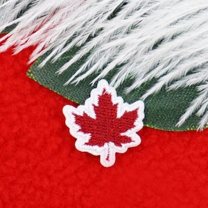 Puede incluir: Un parche de hoja de arce roja con ribete blanco, sobre un fondo rojo. Se ven plumas blancas y un borde de tela verde. El parche es un símbolo de Canadá.