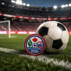 May include: A round embroidered patch featuring a red maple leaf, a green cactus, a soccer ball, and a bald eagle over a blue and red background with the text 2026, positioned next to a black and white soccer ball on a green grass field.