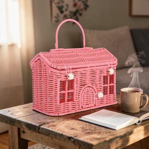 Op de afbeelding: Een roze, huisvormige handtas van vlechtwerk met een handvat, ramen en een deur. De tas staat op een houten tafel naast een boek en een mok koffie. De tas is ongeveer 25 cm breed en 20 cm hoog.