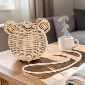 Op de afbeelding: Een geweven crossbodytas van rotan in de vorm van een berenkop, met ronde oren en een houten knoop. De tas heeft een witte touwriem en staat op een houten tafel. Op de achtergrond stoomt een kopje koffie.