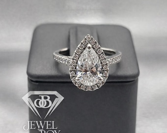 Pear Lab Diamond Halo Engagement Ring, 14K Solid Gold Teardrop Pave Band (1.75 ctw)