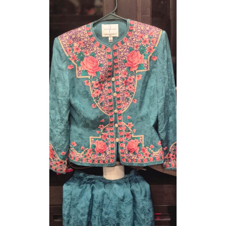 Vintage zijden bloemenrokset Adrianna Papell Petite groenblauwe rozenrand met print jaren 90 afbeelding 3