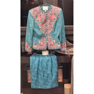 Vintage zijden bloemenrokset Adrianna Papell Petite groenblauwe rozenrand met print jaren 90 afbeelding 2