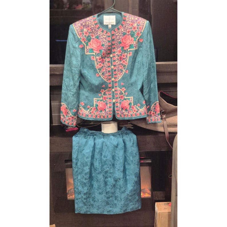 Vintage zijden bloemenrokset Adrianna Papell Petite groenblauwe rozenrand met print jaren 90 afbeelding 2