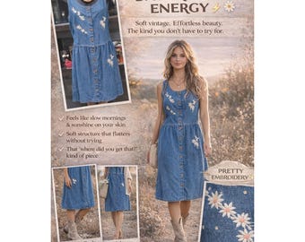 Vintage denim bloemen geborduurde midi-jurk met knopen aan de voorkant XL Boho Cottagecore VS