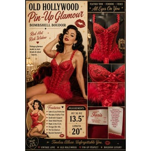 May include: A red lace and satin bodysuit featuring marabou feather trim, underwire support, and sheer mesh panels. The garment measures 13.5 inches from pit to pit and 20 inches in length. Text on the product includes Old Hollywood Pin-Up Glamour.