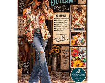 Blazer fleuri vintage style bohème western, hippie, rebelle, liseré orange multicolore