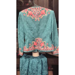 Vintage zijden bloemenrokset Adrianna Papell Petite groenblauwe rozenrand met print jaren 90 afbeelding 8