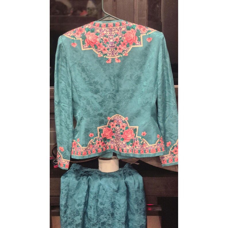 Vintage zijden bloemenrokset Adrianna Papell Petite groenblauwe rozenrand met print jaren 90 afbeelding 8