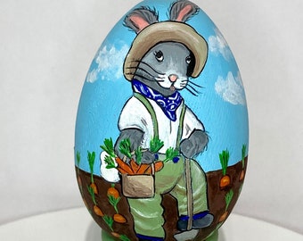 Hand Painted Egg, Farmer Bunny