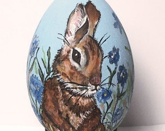 Hand painted egg, bunny in flowers